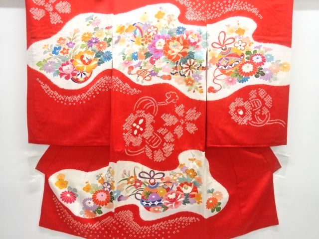 絞り花車模様刺繍子供着物